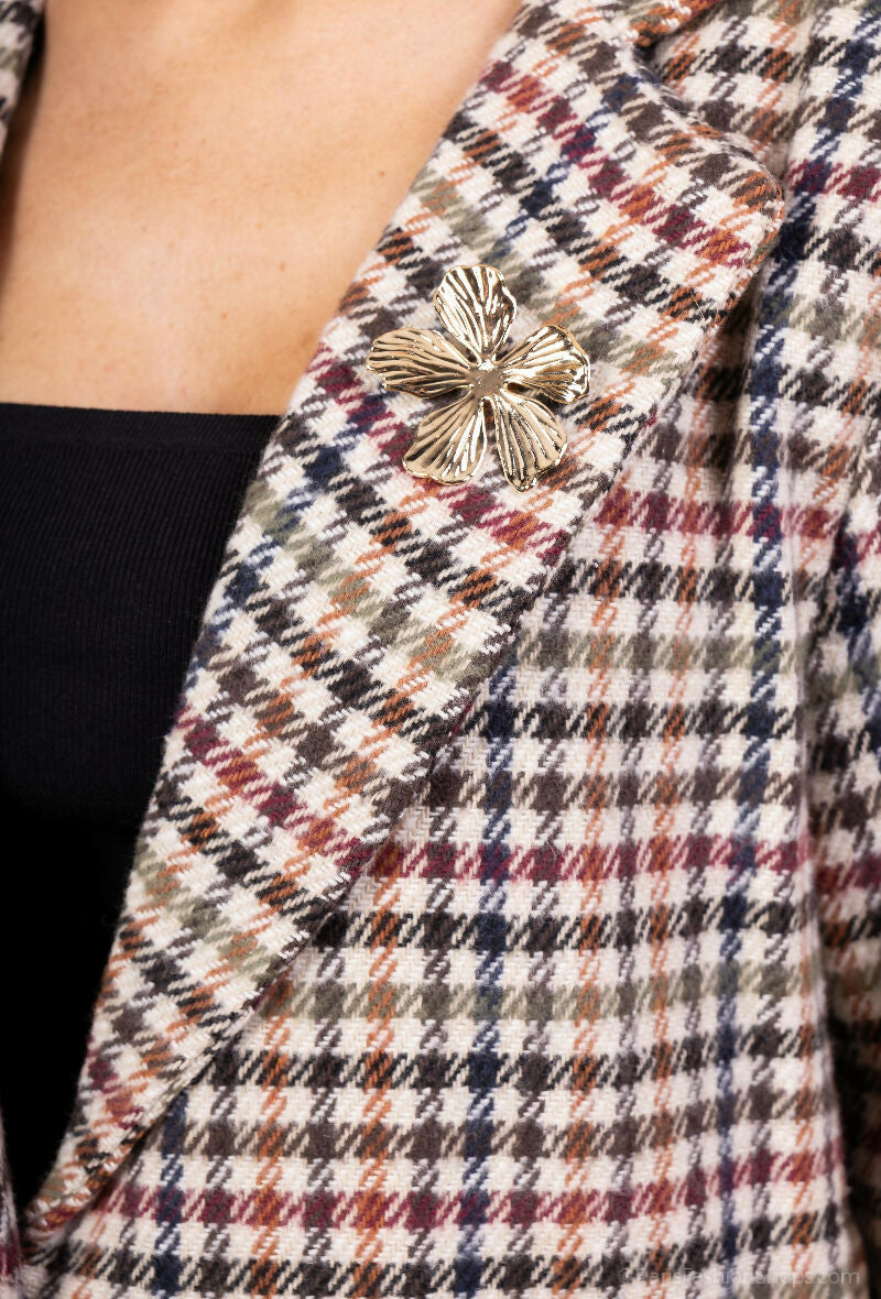 Plaid Blazer with Brooch