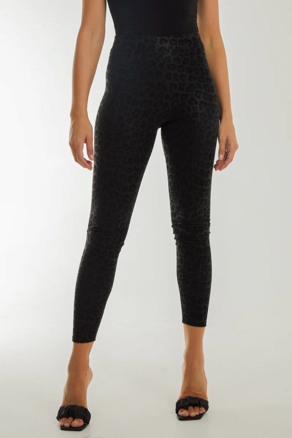 Black Leopard Print Leather Look Leggings - jqwholesale.com