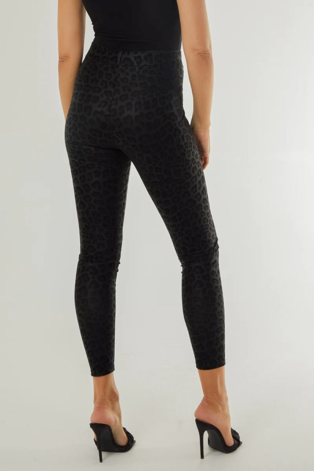 Black Leopard Print Leather Look Leggings - jqwholesale.com