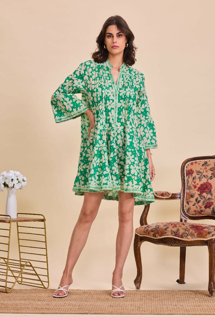 Short A-line dress in printed cotton- Light green