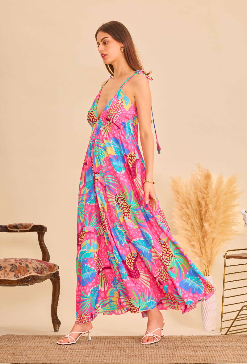 Long bohemian silk backless dress - Bleu/Pink