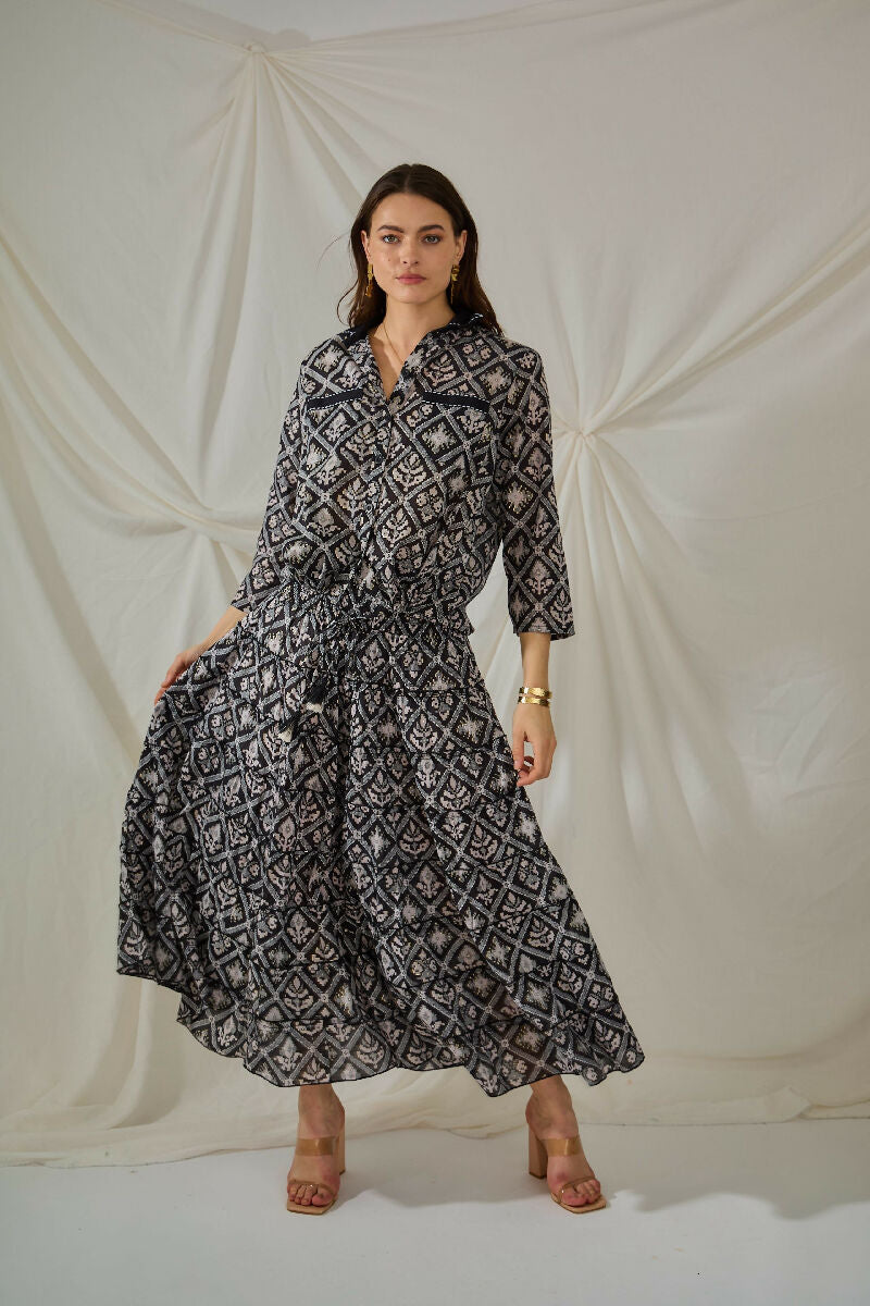 Bohemian long cotton smocked skirt- Black