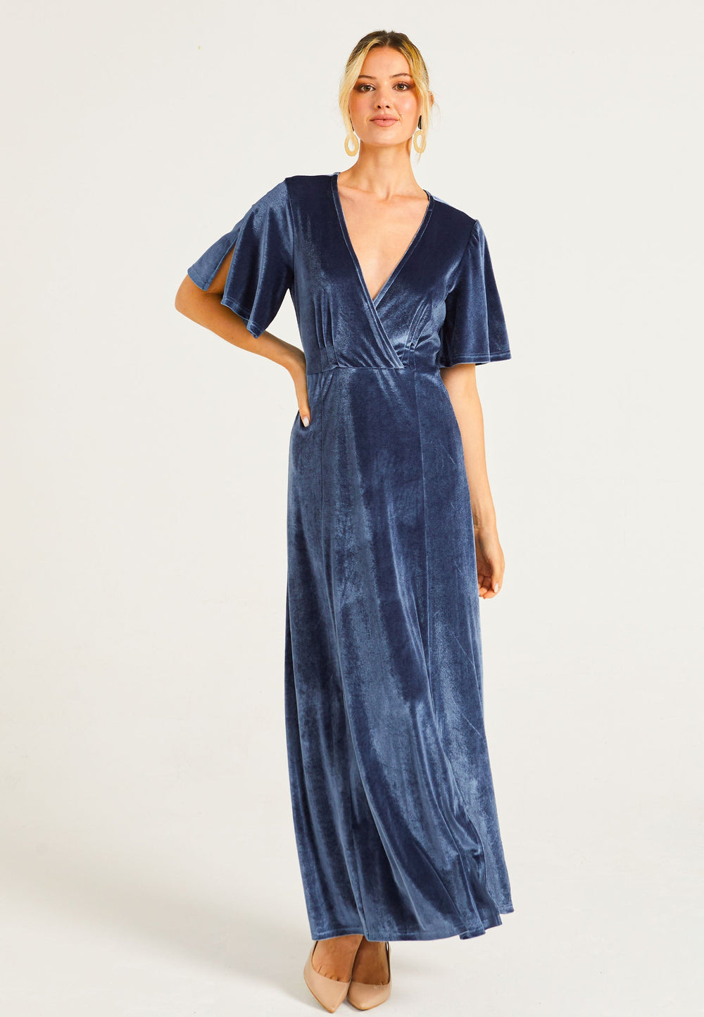 (5p. PACK) Velvet Flutter Sleeve Faux Wrap Dress With Slit - jqwholesale.com