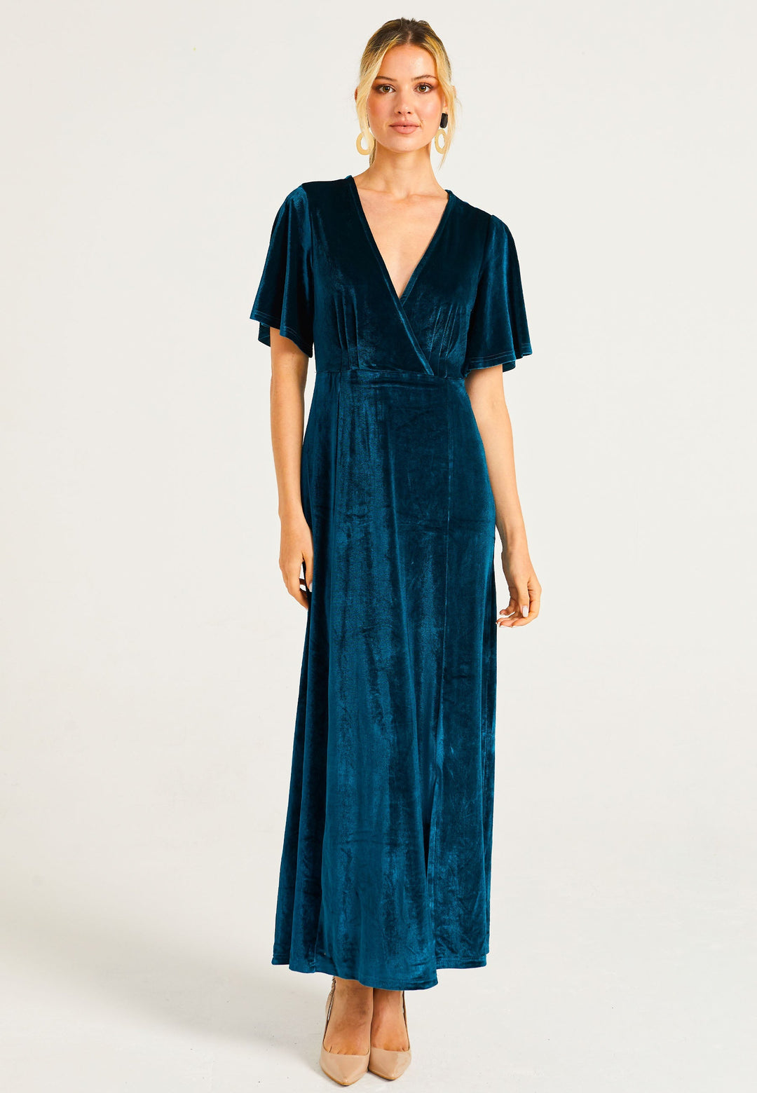 (5p. PACK) Velvet Flutter Sleeve Faux Wrap Dress With Slit - jqwholesale.com