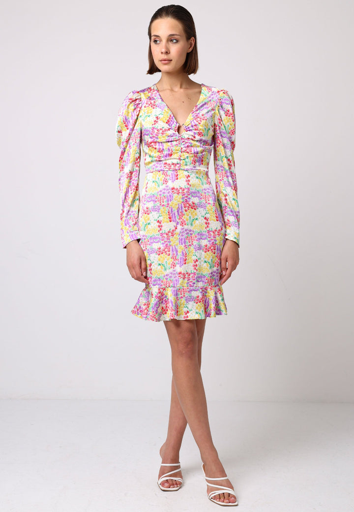 Long Sleeve Mini Floral Dress with Ring Detail - ANGELEYE