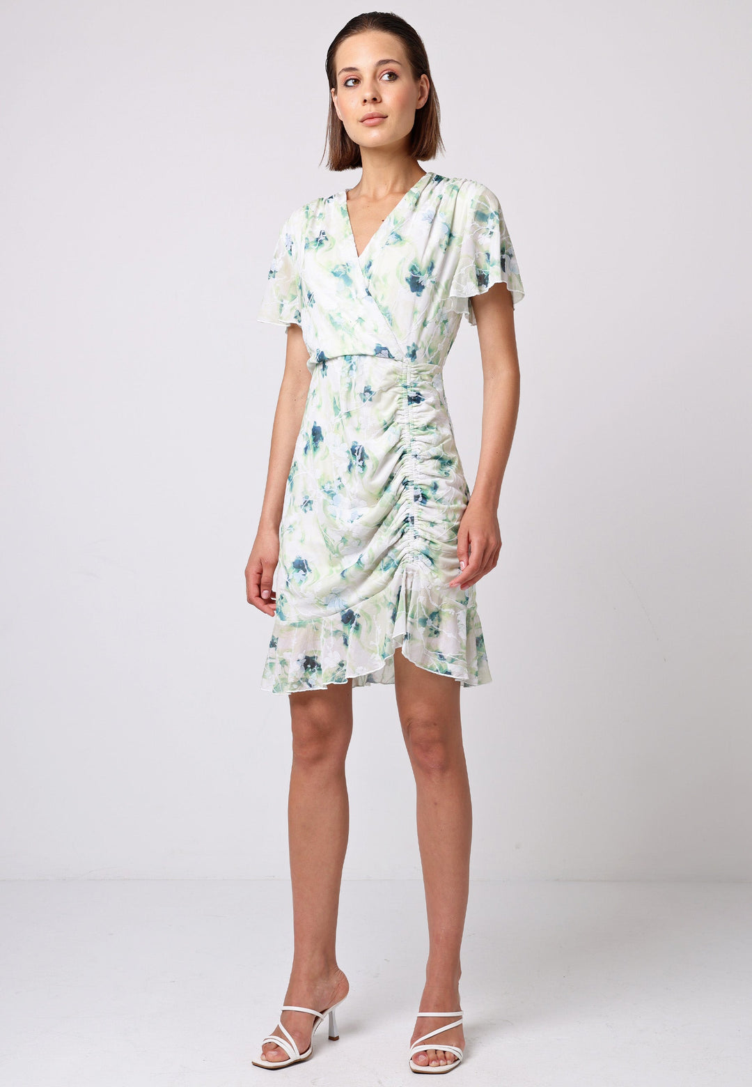 (5P. PACK) Wrap Ruched Mini Dress with Ruffle Hem in Green Floral Burnout Print - jqwholesale.com