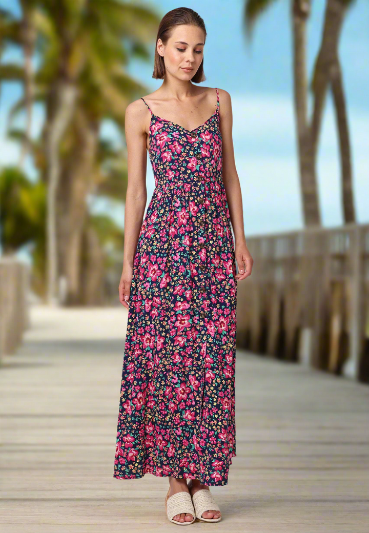 Cami Shirred Back Button Detail Maxi Floral Dress - jqwholesale.com