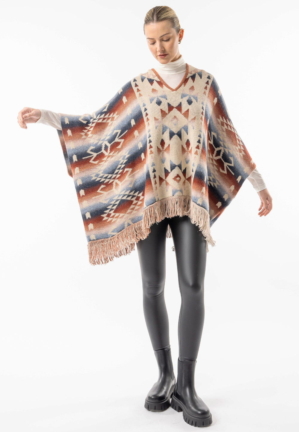 (2P. PACK) Californian Hooded Batwing Poncho with Fringe - jqwholesale.com