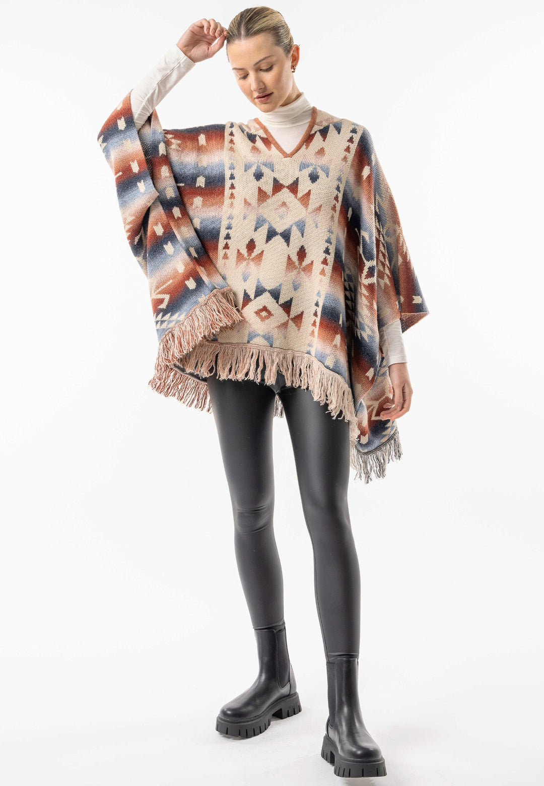 (2P. PACK) Californian Hooded Batwing Poncho with Fringe - jqwholesale.com