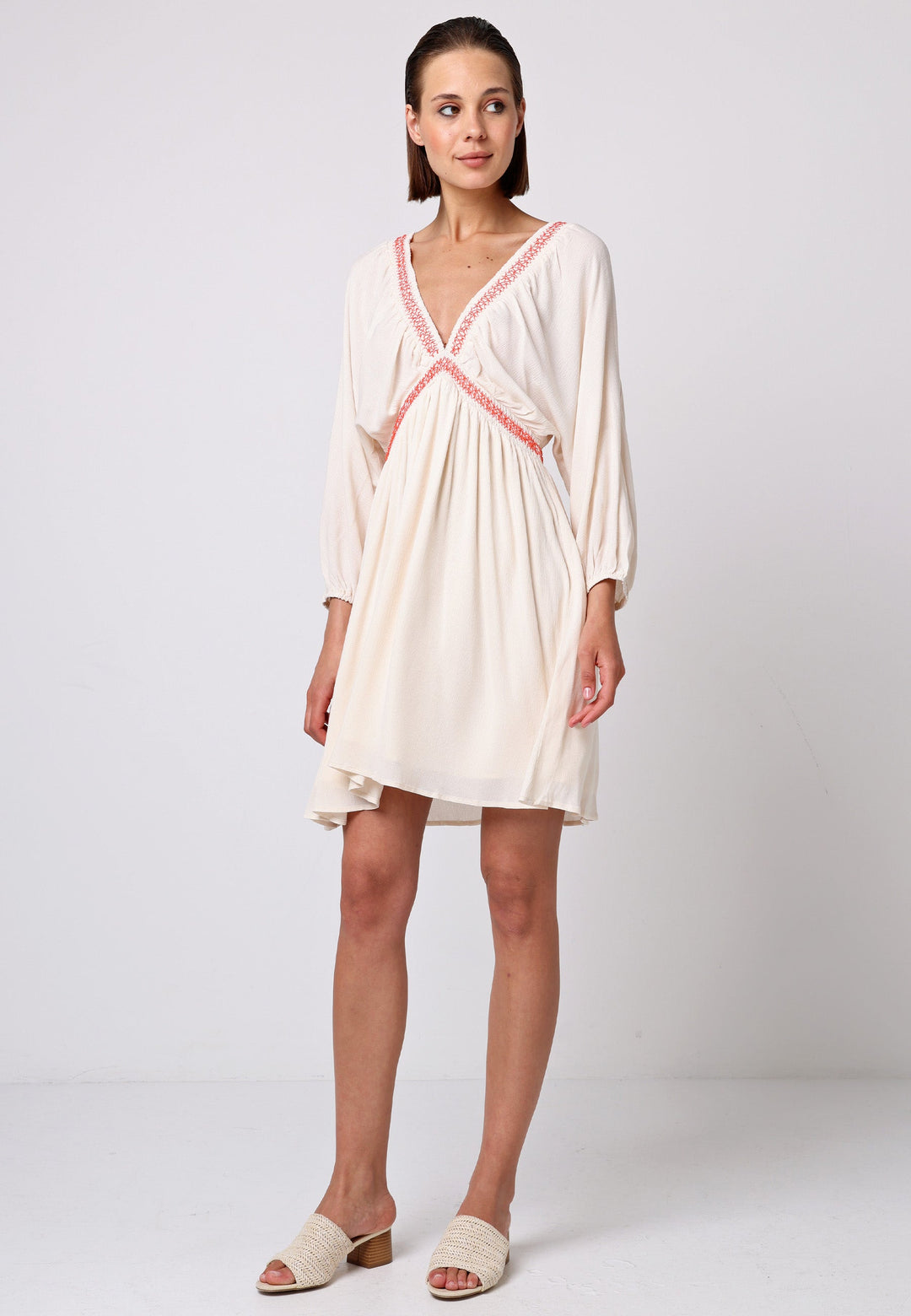 (5P.PACK) V-neck Batwing Mini Dress with Crochet Trim in Cream - jqwholesale.com