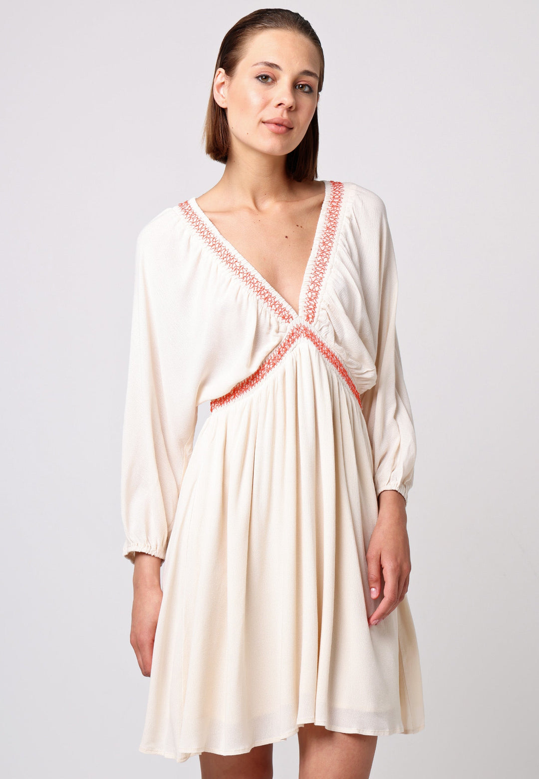 (5P.PACK) V-neck Batwing Mini Dress with Crochet Trim in Cream - jqwholesale.com