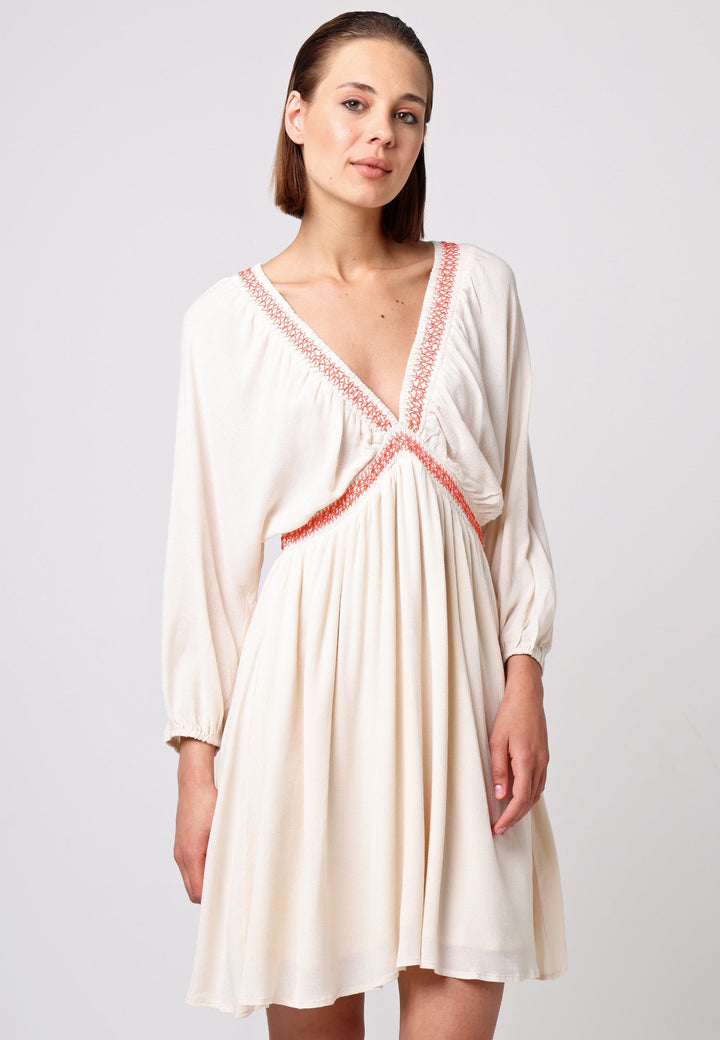 (5P.PACK) V-neck Batwing Mini Dress with Crochet Trim in Cream - jqwholesale.com