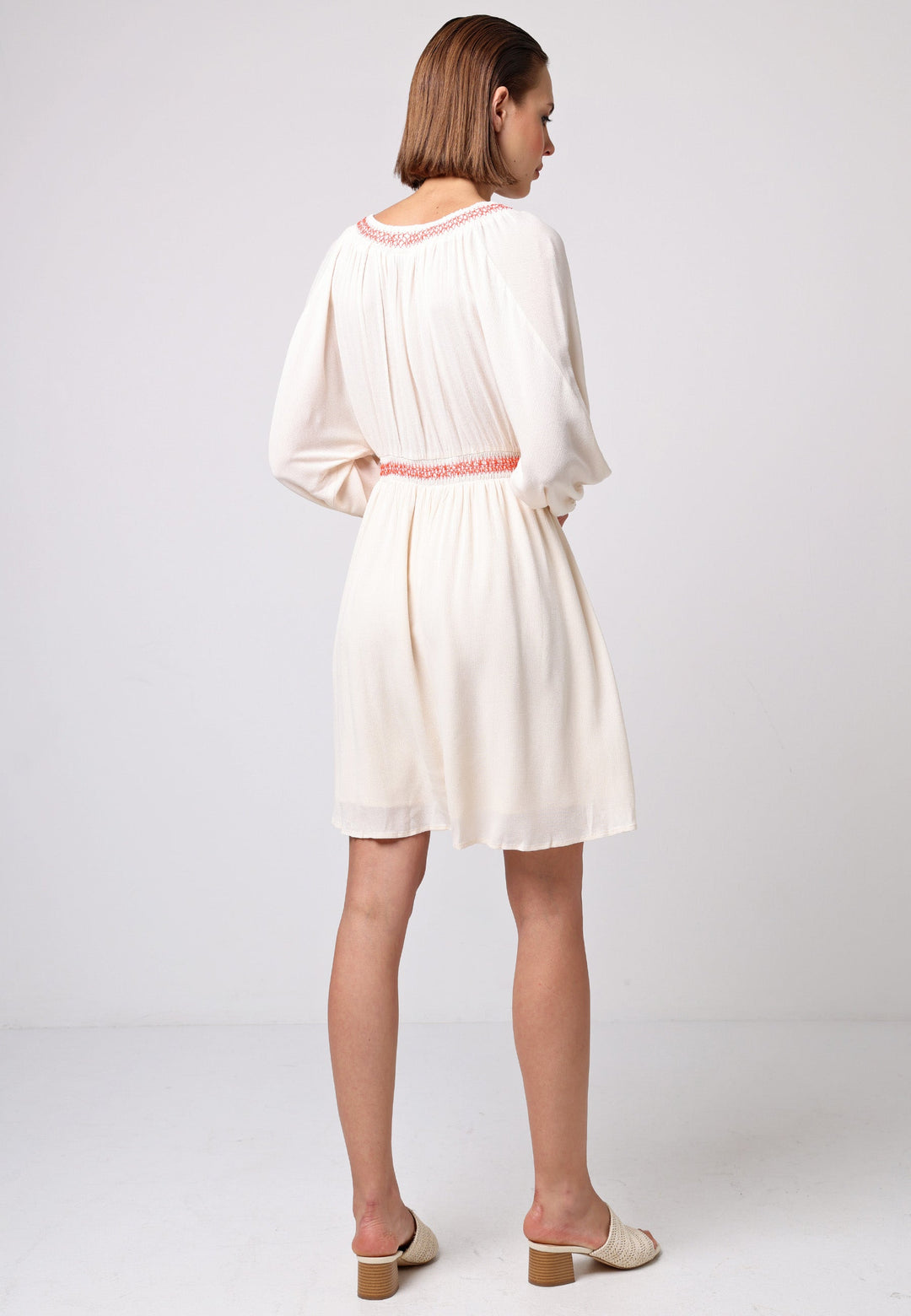 (5P.PACK) V-neck Batwing Mini Dress with Crochet Trim in Cream - jqwholesale.com