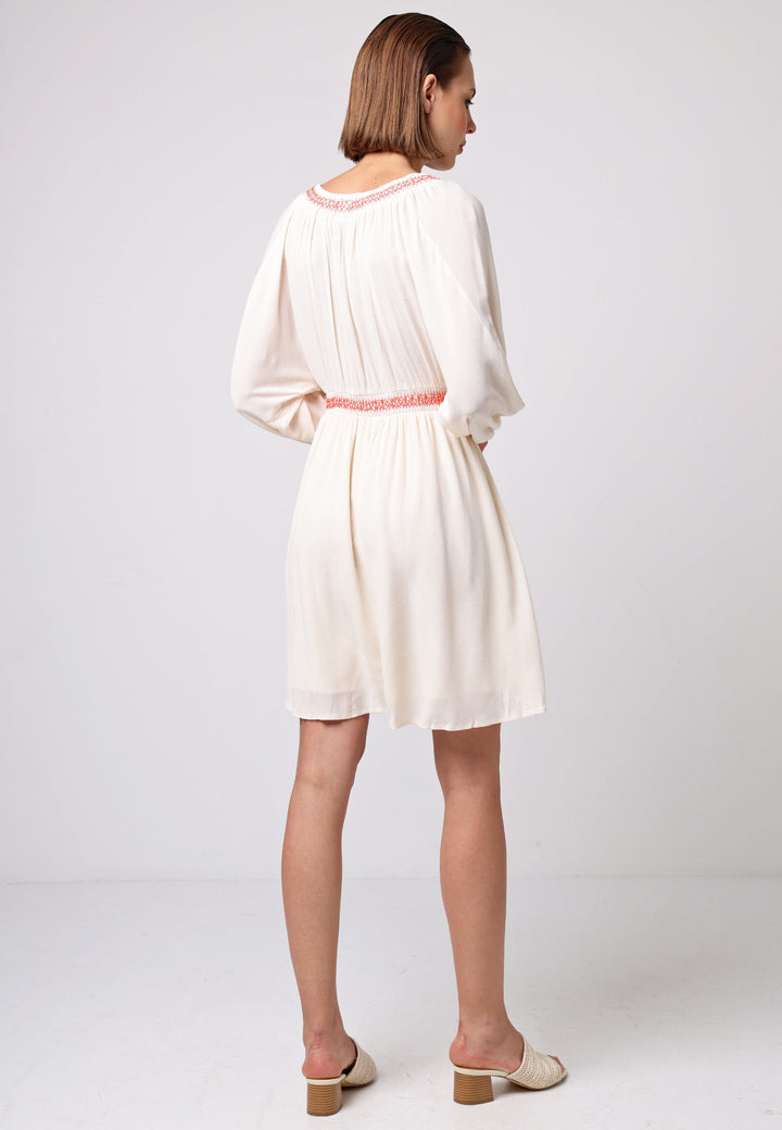 (5P.PACK) V-neck Batwing Mini Dress with Crochet Trim in Cream - jqwholesale.com