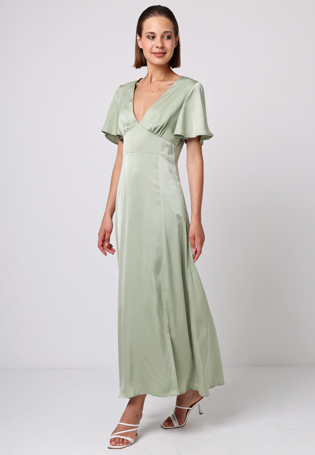 (5P. PACK) Satin V-Neck Angel Sleeve Midi Dress with Slit in Sage Green - jqwholesale.com