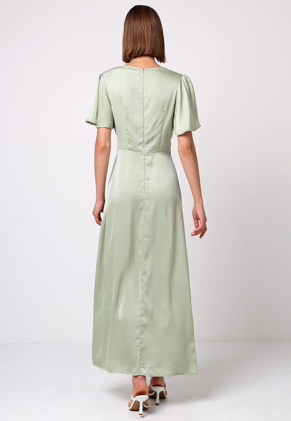 (5P. PACK) Satin V-Neck Angel Sleeve Midi Dress with Slit in Sage Green - jqwholesale.com