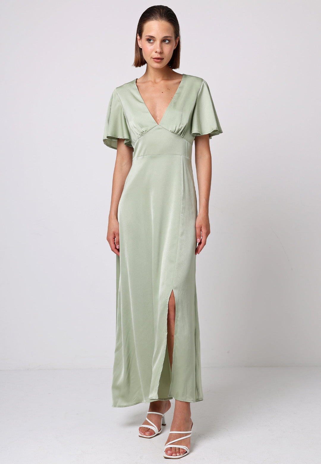 (5P. PACK) Satin V-Neck Angel Sleeve Midi Dress with Slit in Sage Green - jqwholesale.com