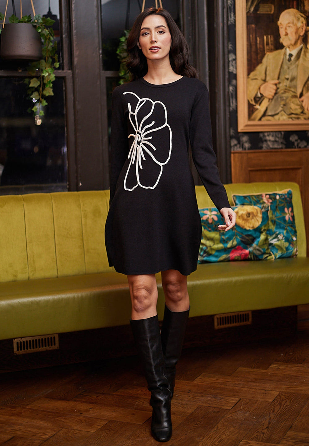 (5P.PACK) Mini Knit Dress in Black with White Flower - jqwholesale.com