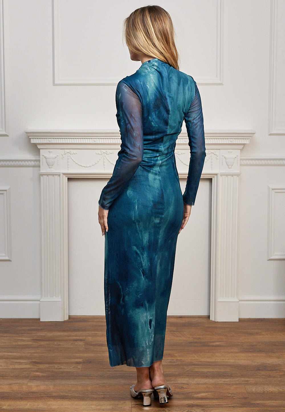 (5P. PACK) Mesh Long Sleeve Bodycon Midi Dress in Teal Watercolour - jqwholesale.com