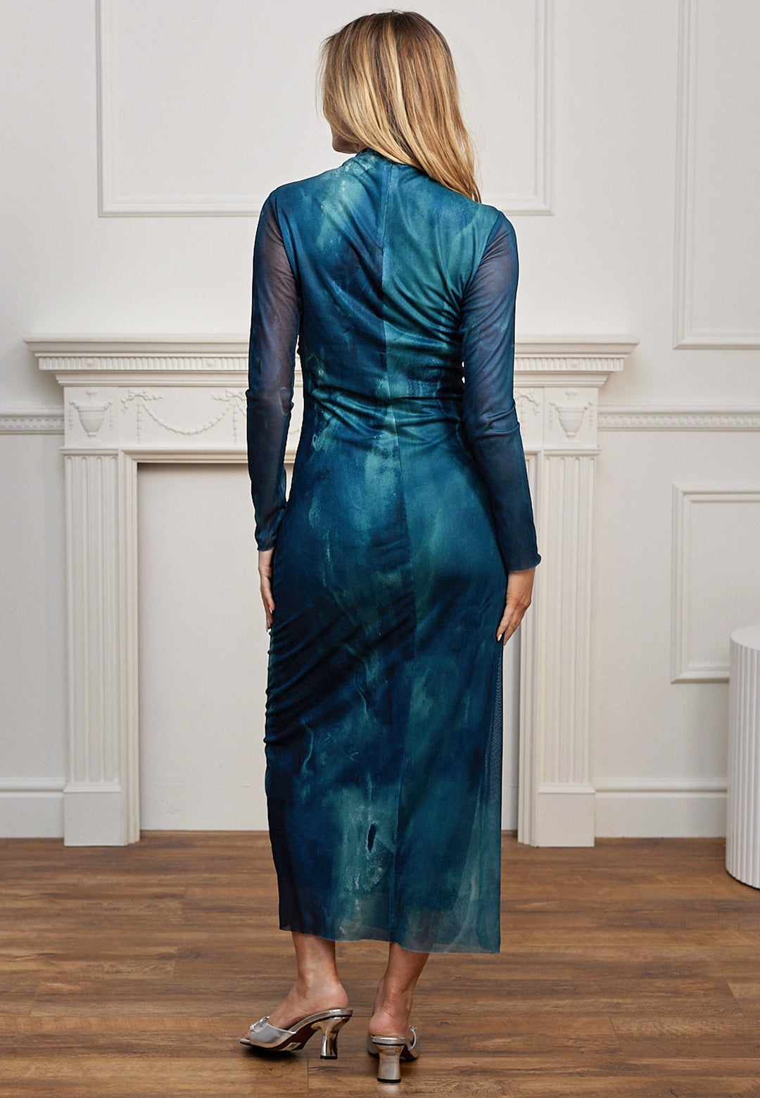 (5P. PACK) Mesh Long Sleeve Bodycon Midi Dress in Teal Watercolour - jqwholesale.com
