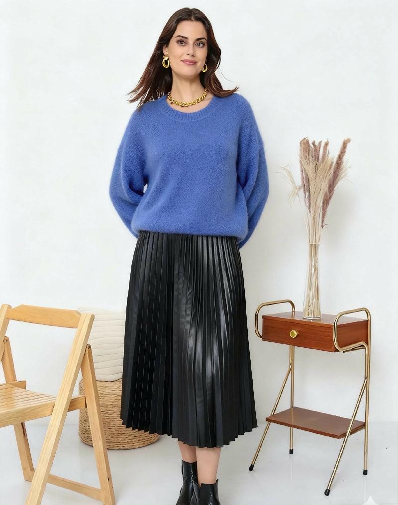 Crew neck sweater 52% baby alpaca - Blue - jqwholesale.com