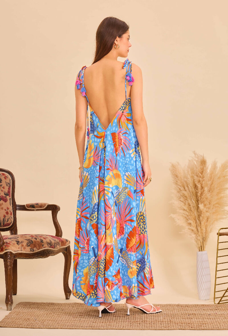 Long bohemian silk backless dress - Blue