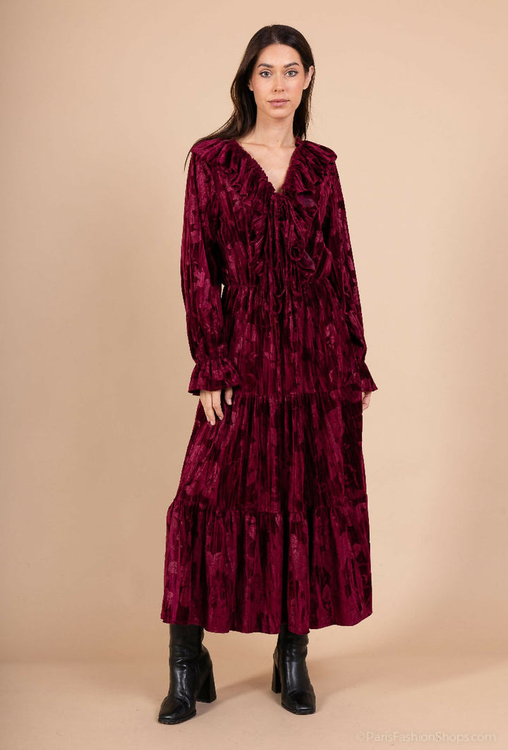 Long Pleated Velvet Ruffle Dress