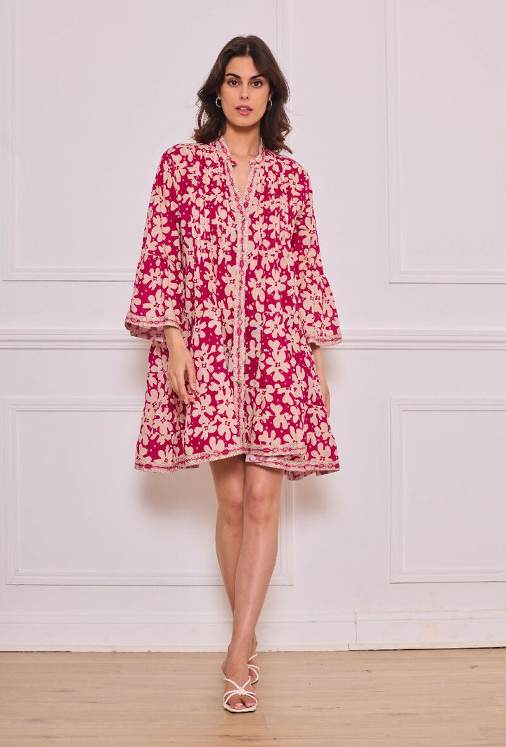 Short A-line dress in printed cotton- Fuchsia