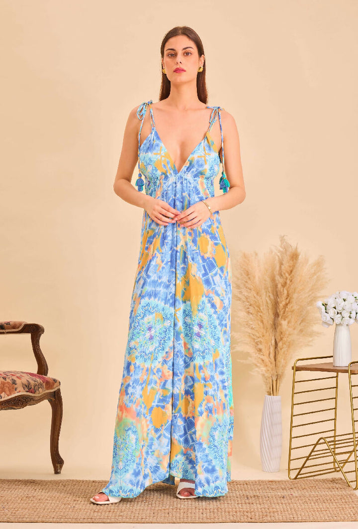 Long bohemian silk backless dress - Sky bleu