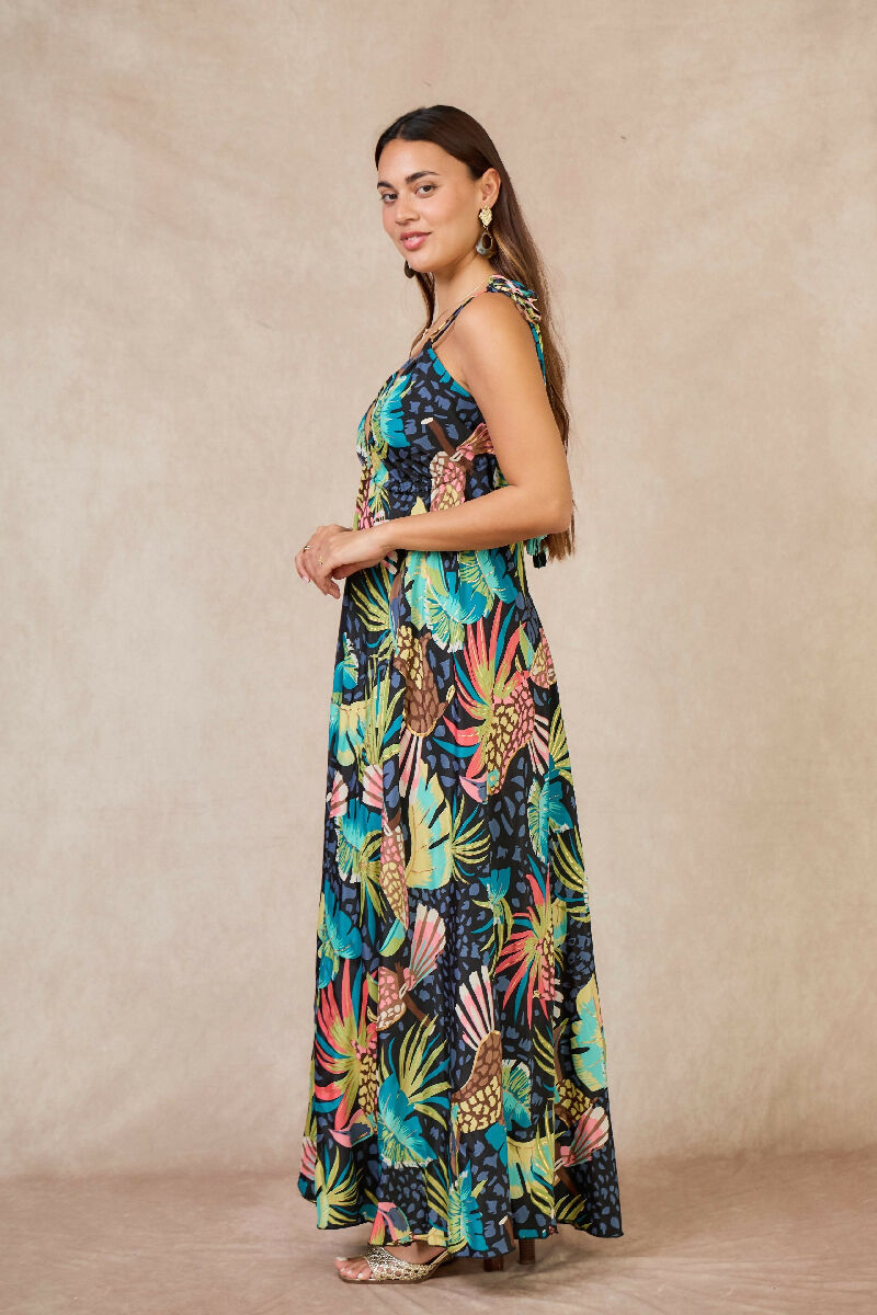 Long bohemian silk backless dress - Bleu