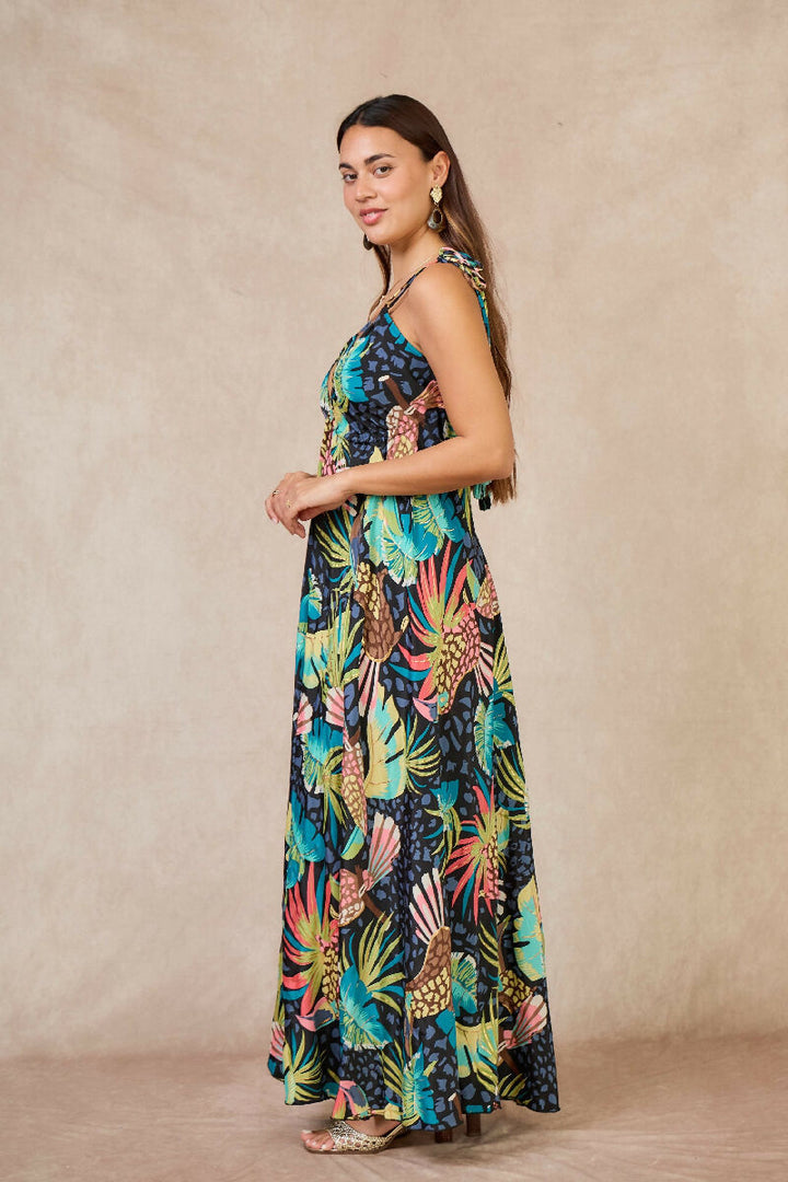 Long bohemian silk backless dress - Bleu