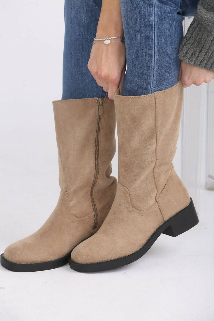 Camel Suede Designer Calf High Flat Boot (PACK OF 12 PAIRS UK3-UK8)
