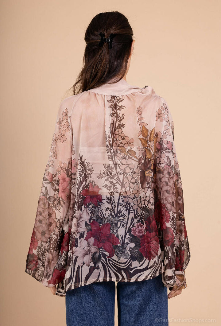 Floral Print Chiffon Blouse with Bow