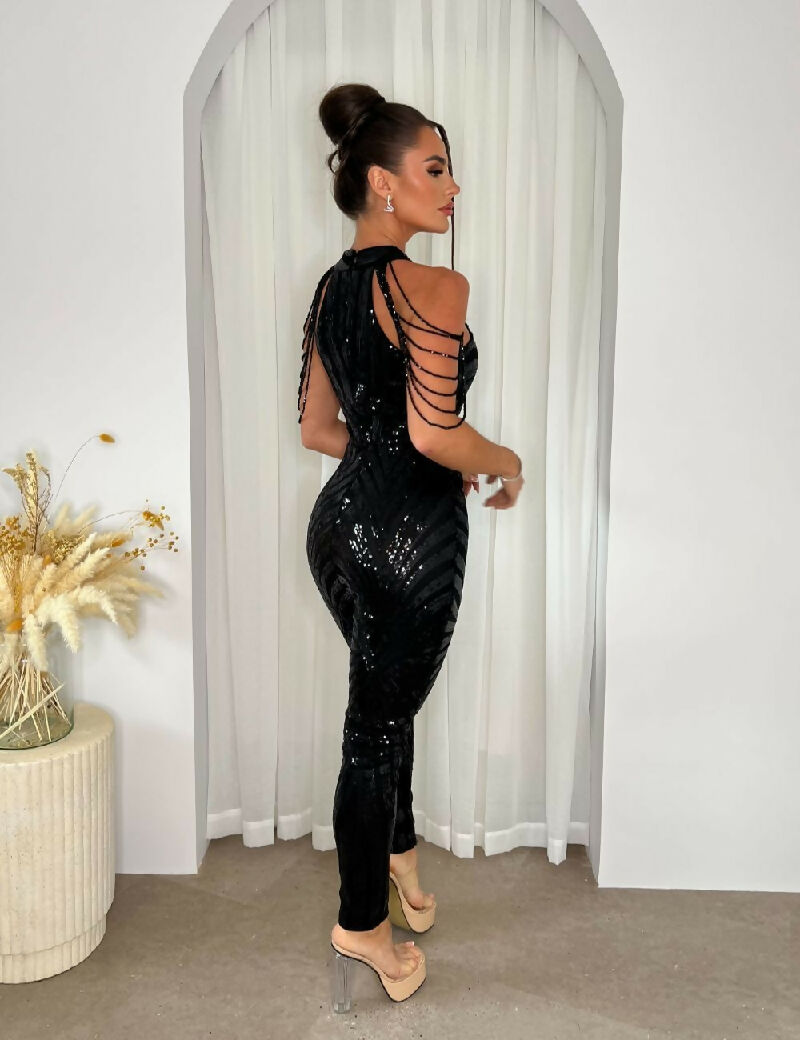(5-6P.PACK) Shadow Luxe Black High Neck Beaded Sequin Illusion Jumpsuit