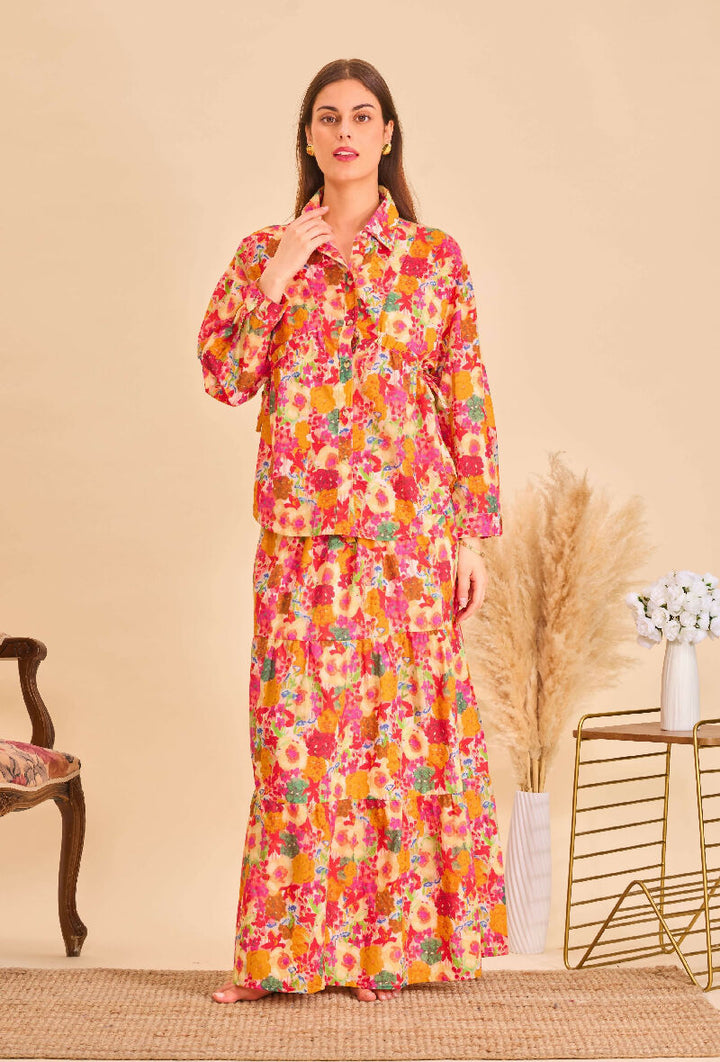 Long cotton skirt with floral print - Black