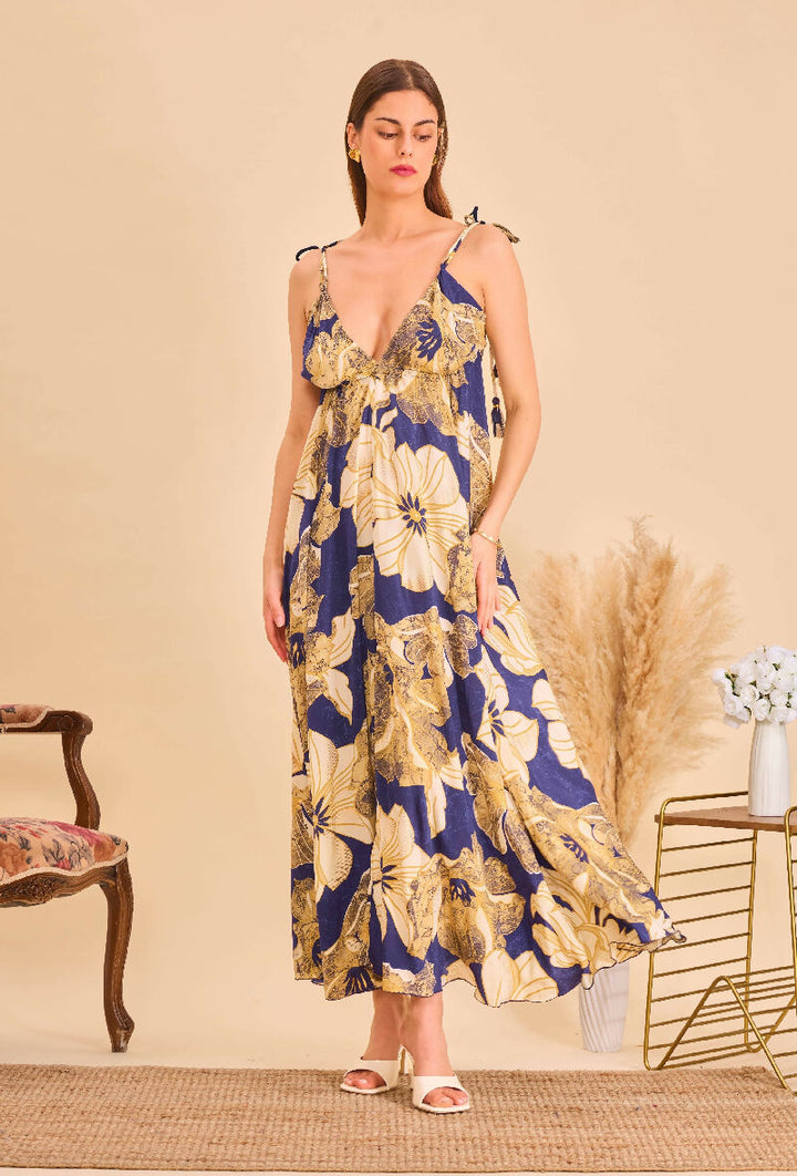 Long bohemian silk backless dress - Bleu