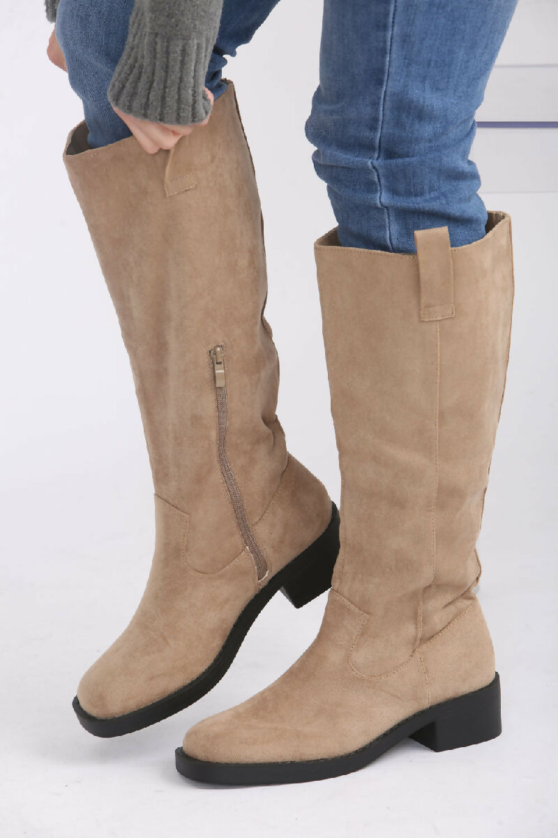 Camel Suede Designer Knee High Flat Boot (PACK OF 12 PAIRS UK3-UK8)