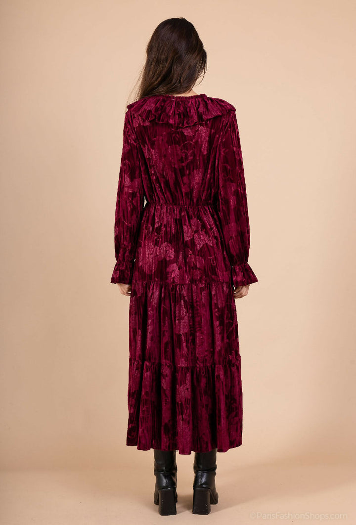 Long Pleated Velvet Ruffle Dress
