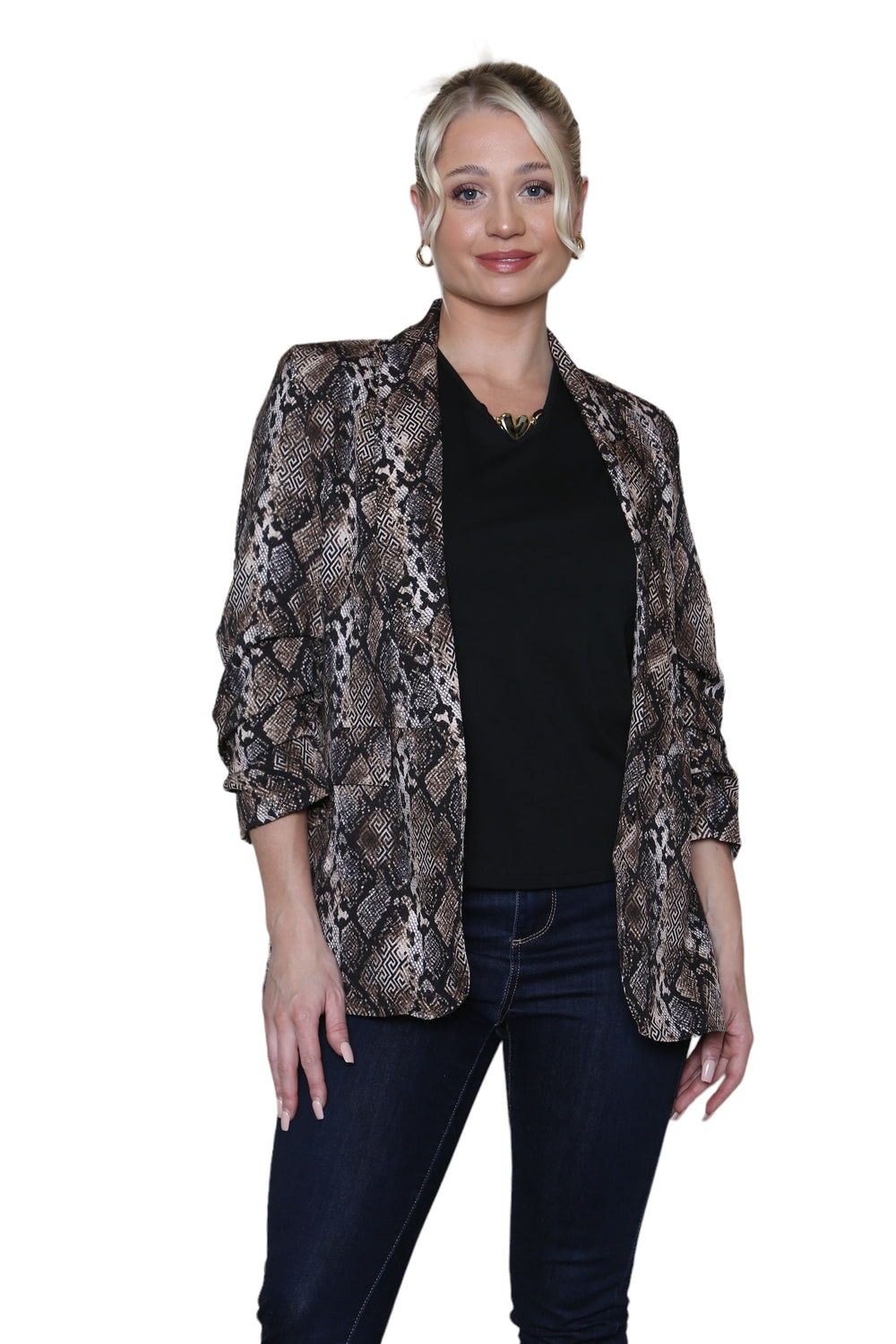 (6P.PACK) Oversized Reptile Print Rouched Sleeve Blazer - jqwholesale.com