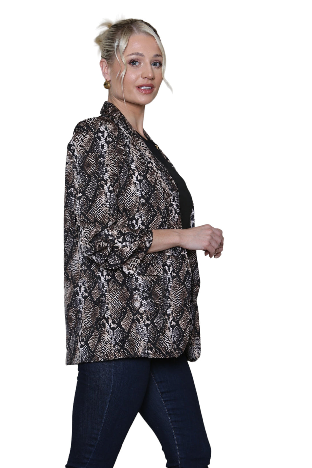 (6P.PACK) Oversized Reptile Print Rouched Sleeve Blazer - jqwholesale.com