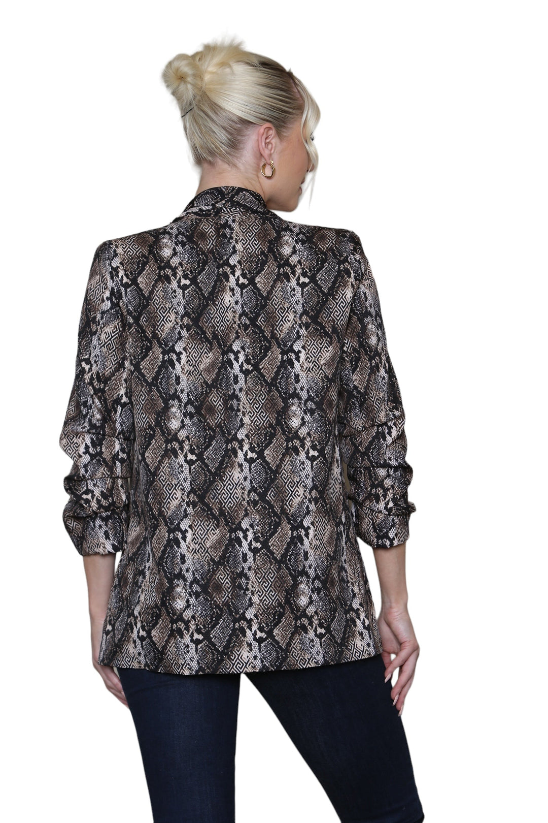 (6P.PACK) Oversized Reptile Print Rouched Sleeve Blazer - jqwholesale.com