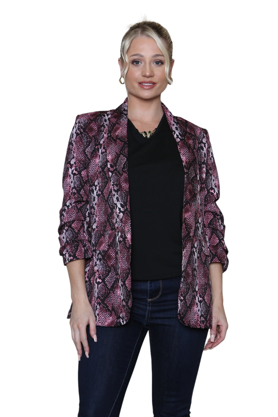 (6P.PACK) Oversized Reptile Print Rouched Sleeve Blazer - jqwholesale.com