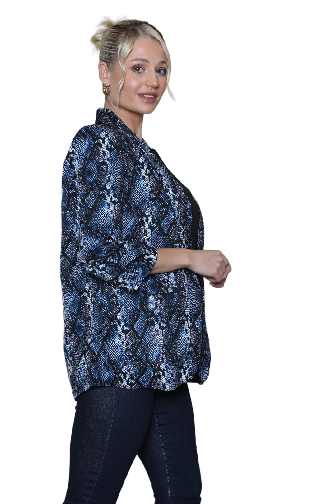 (6P.PACK) Oversized Reptile Print Rouched Sleeve Blazer - jqwholesale.com