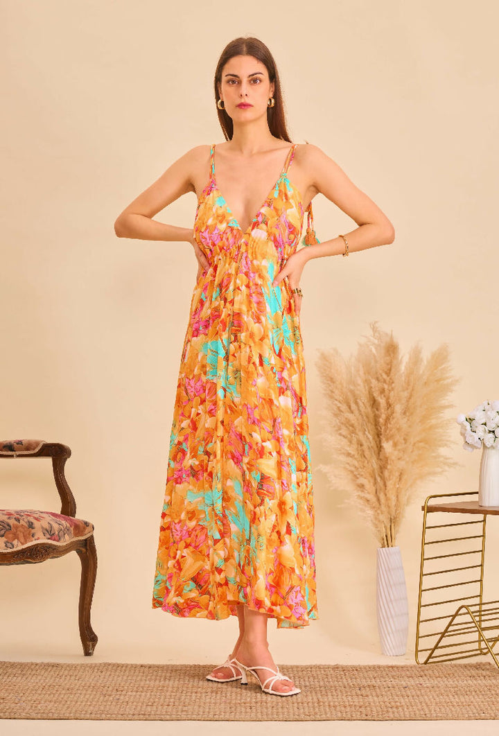 Long bohemian silk backless dress - Orange