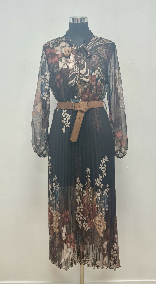 Pleated Long Floral Print Dress