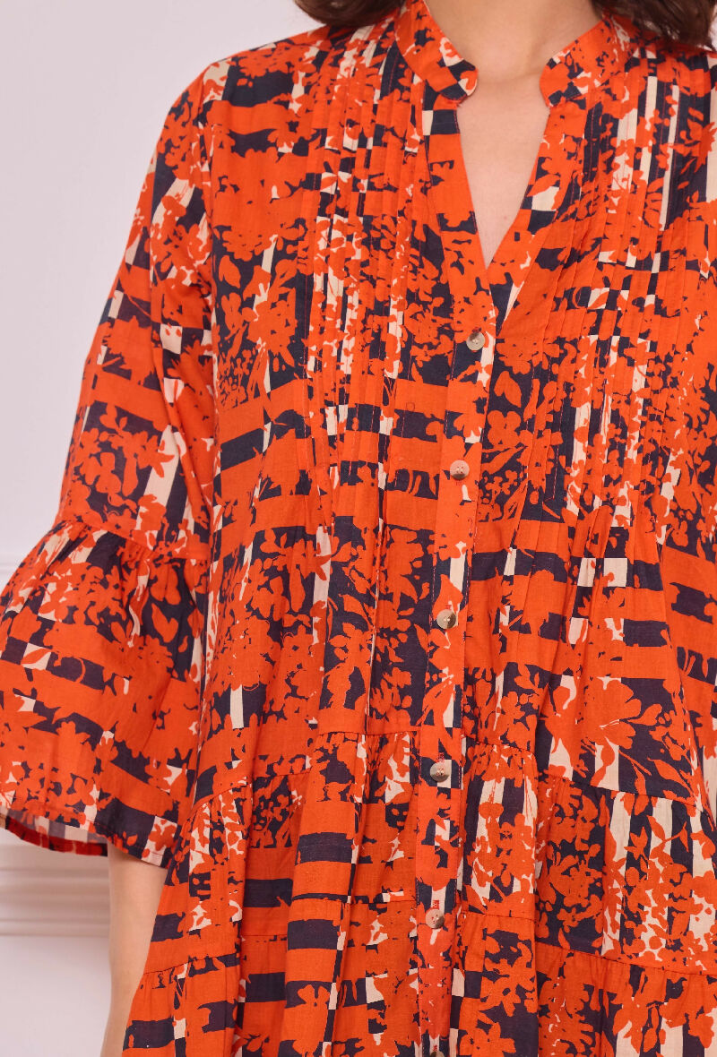 Short A-line dress in printed cotton- Orange
