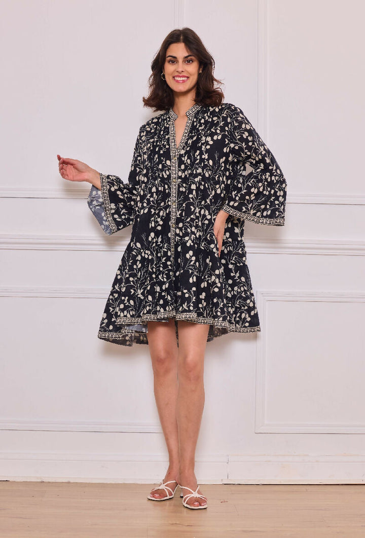 Short A-line dress in printed cotton- Black