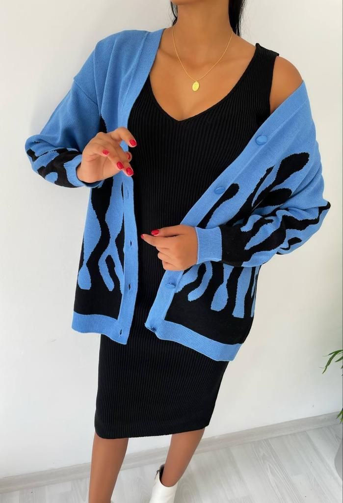 Black Knitted Midi Dress with Blue Printed Cardigan Co Ord Set (PRE-ORDER) - jqwholesale.com