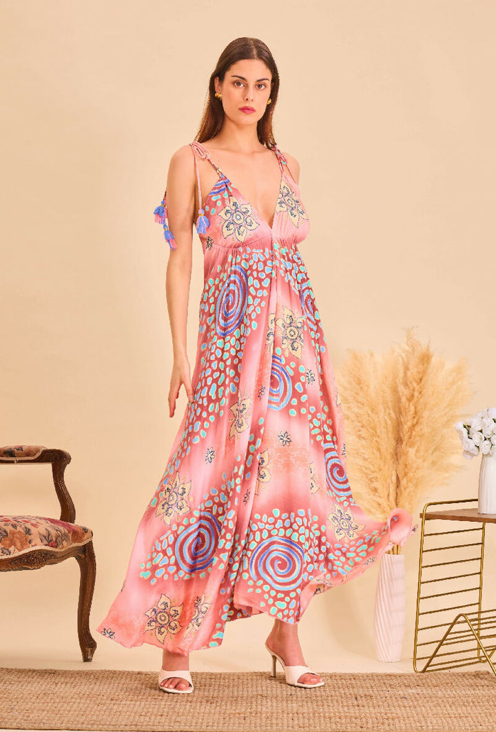 Long bohemian silk backless dress - Pink