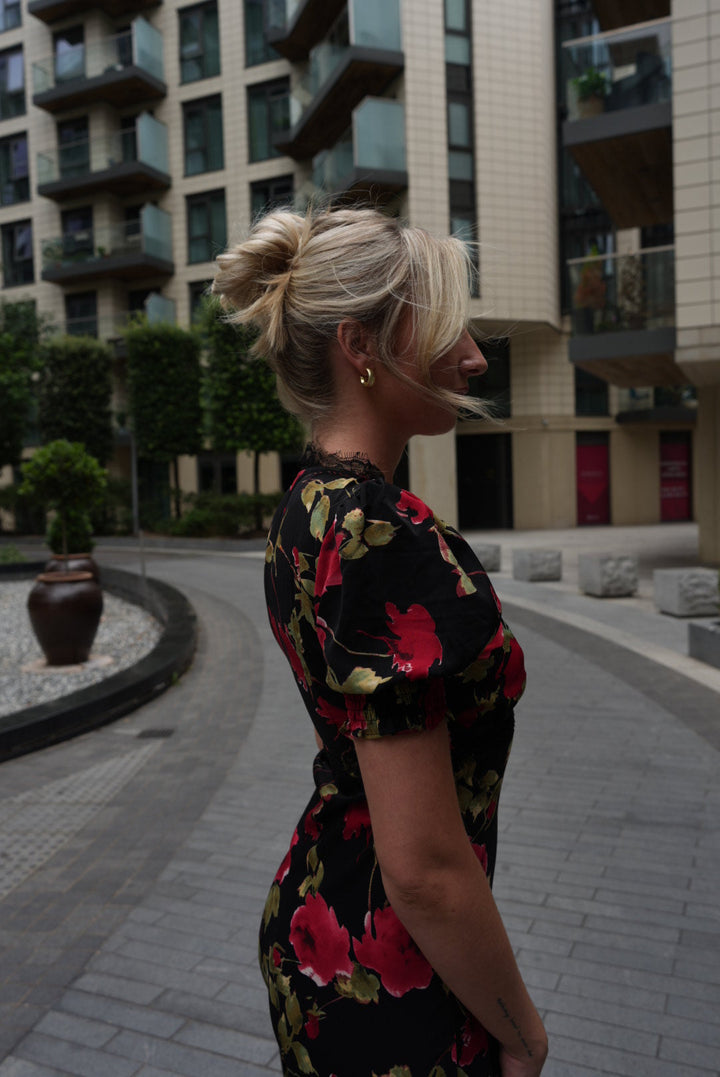 Black Floral Lace Trim Detail Midi Dress - jqwholesale.com